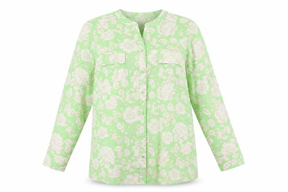 D&Co. Womens Green Floral Polyester Basic Blouse Size L V-Neck