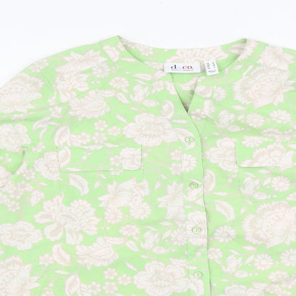 D&Co. Womens Green Floral Polyester Basic Blouse Size L V-Neck