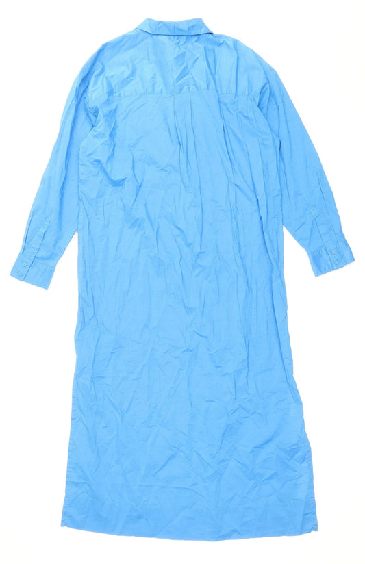 Marks and Spencer Womens Blue Cotton Shirt Dress Size 14 Collared Button