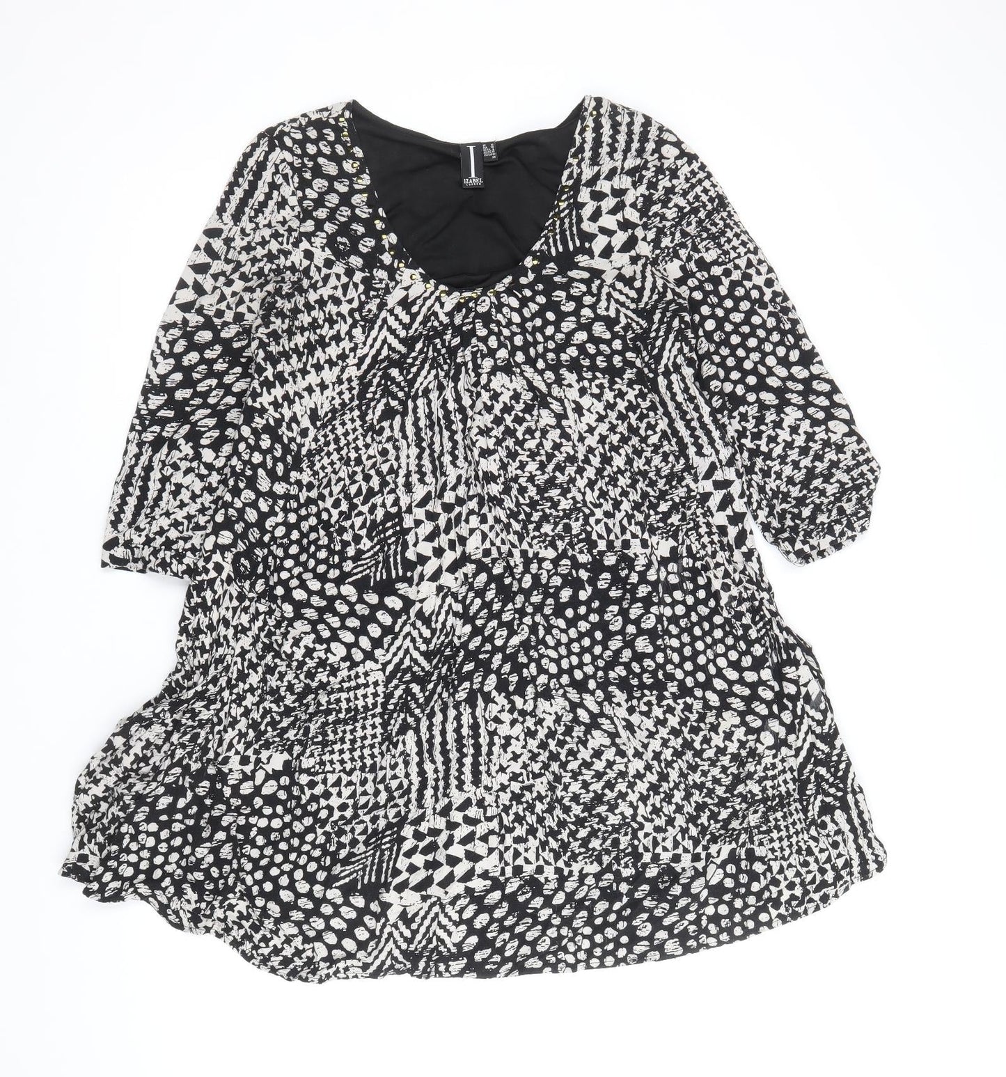 Izabel London Womens Black Geometric Viscose Shift Size 10 Scoop Neck Pullover