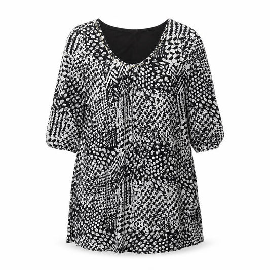 Izabel London Womens Black Geometric Viscose Shift Size 10 Scoop Neck Pullover