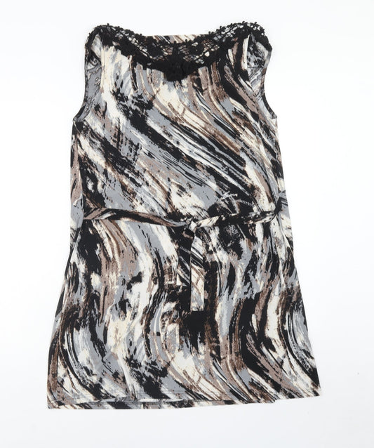 Klass Womens Brown Geometric Polyester Shift Size L Boat Neck Pullover