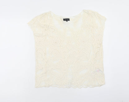 New Look Womens Ivory Floral Nylon Basic Blouse Size M Boat Neck