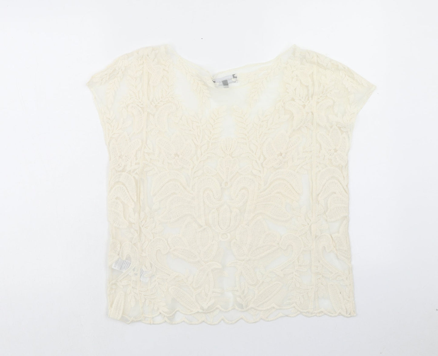 New Look Womens Ivory Floral Nylon Basic Blouse Size M Boat Neck