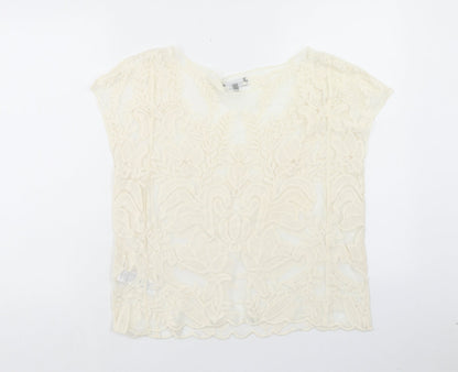 New Look Womens Ivory Floral Nylon Basic Blouse Size M Boat Neck