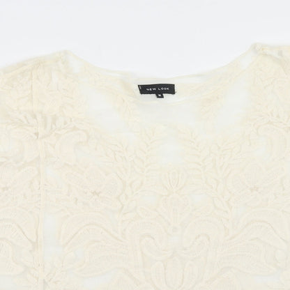 New Look Womens Ivory Floral Nylon Basic Blouse Size M Boat Neck