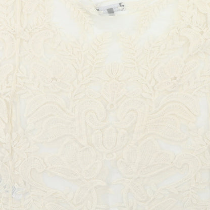New Look Womens Ivory Floral Nylon Basic Blouse Size M Boat Neck
