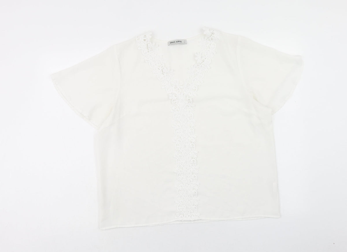 Grace Karin Womens White Polyester Basic T-Shirt Size L V-Neck