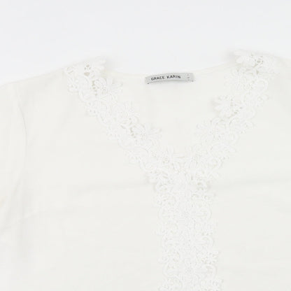Grace Karin Womens White Polyester Basic T-Shirt Size L V-Neck