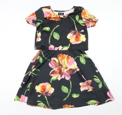 Club L Womens Black Floral Polyester Fit & Flare Size L Scoop Neck Pullover - Overlay