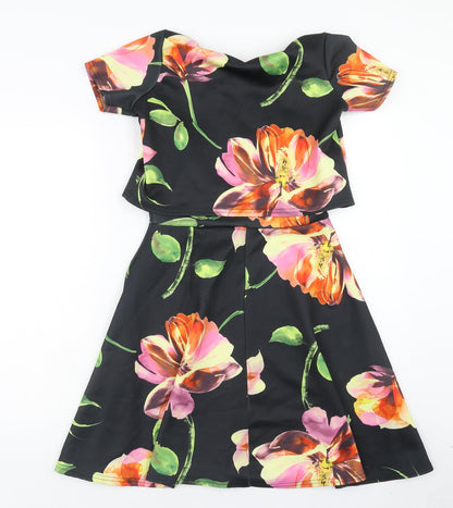 Club L Womens Black Floral Polyester Fit & Flare Size L Scoop Neck Pullover - Overlay