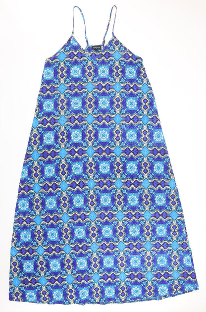 Topshop Womens Blue Geometric Polyester Slip Dress Size M V-Neck Pullover