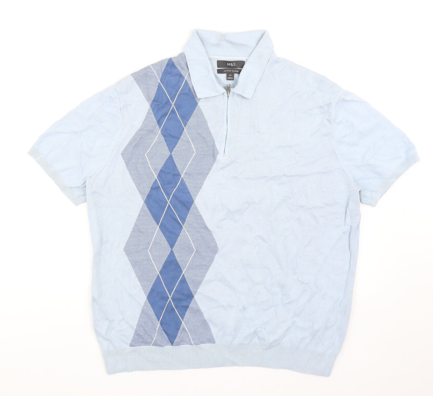 Marks and Spencer Mens Blue Argyle/Diamond Cotton Polo Size 2XL Collared Zip