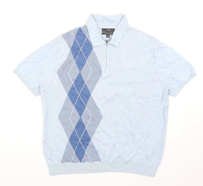 Marks and Spencer Mens Blue Argyle/Diamond Cotton Polo Size 2XL Collared Zip
