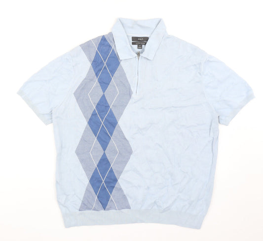 Marks and Spencer Mens Blue Argyle/Diamond Cotton Polo Size 2XL Collared Zip