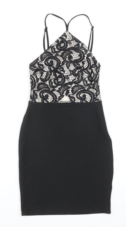 Lipsy Womens Black Floral Polyester Bodycon Size 6 Halter Zip
