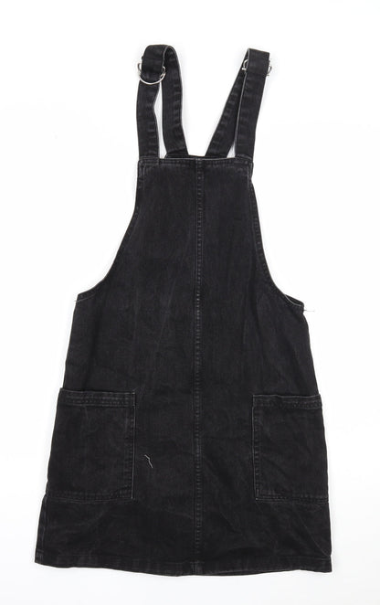 Denim & Co. Womens Black Cotton Pinafore/Dungaree Dress Size 8 Square Neck Button