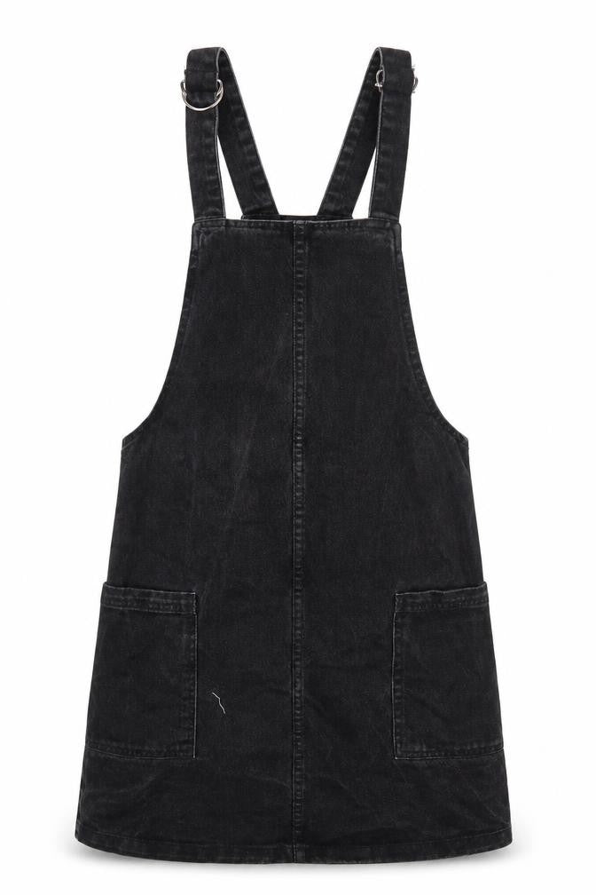 Denim & Co. Womens Black Cotton Pinafore/Dungaree Dress Size 8 Square Neck Button