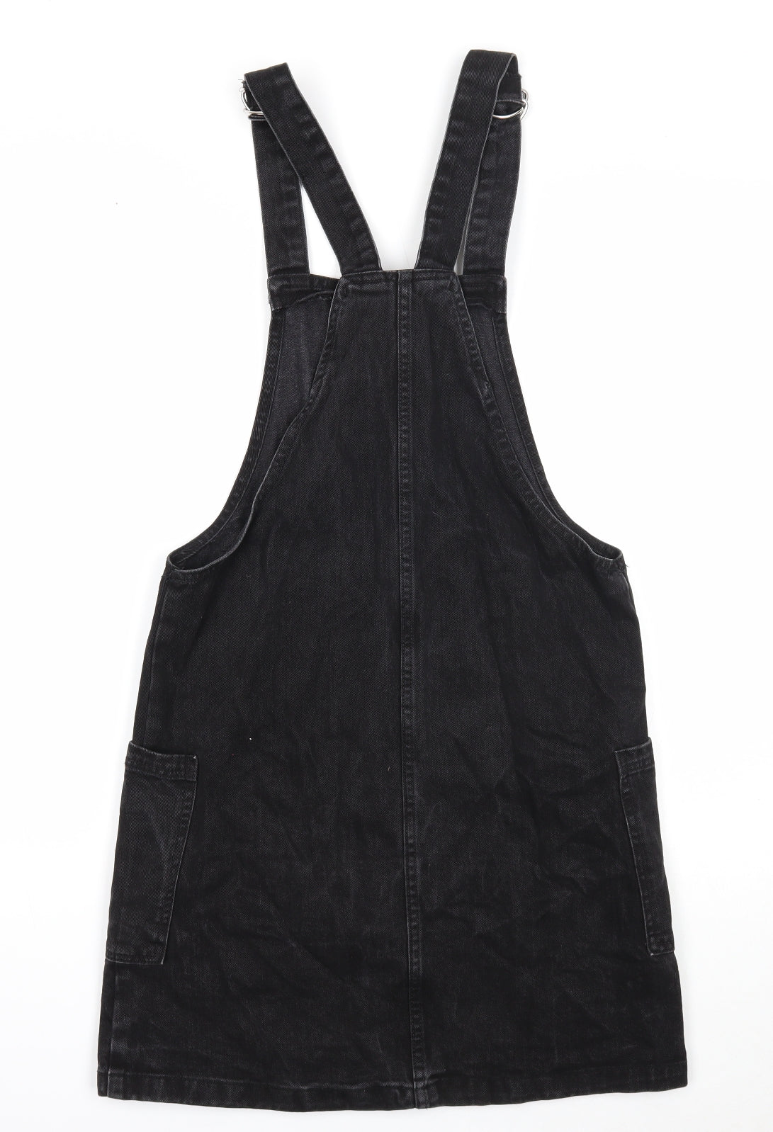 Denim & Co. Womens Black Cotton Pinafore/Dungaree Dress Size 8 Square Neck Button