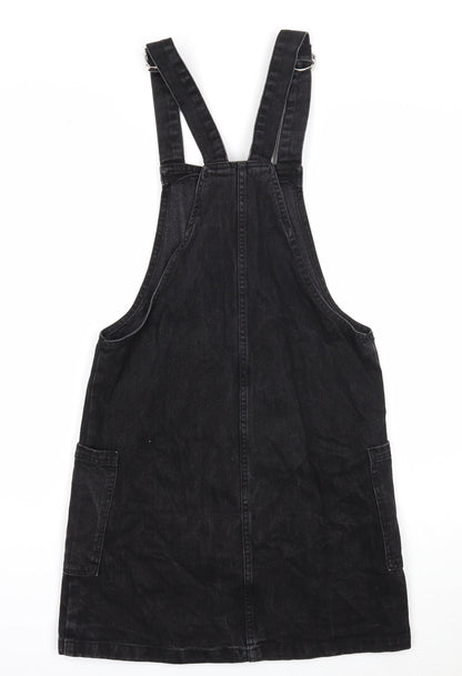 Denim & Co. Womens Black Cotton Pinafore/Dungaree Dress Size 8 Square Neck Button