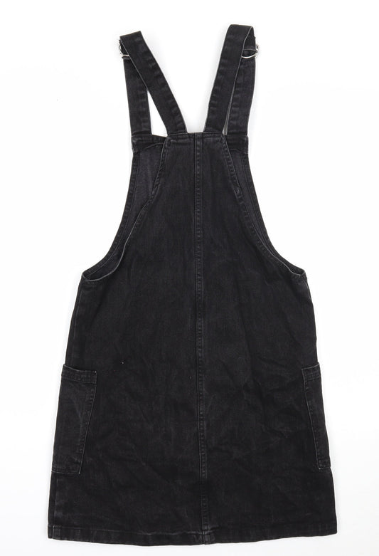 Denim & Co. Womens Black Cotton Pinafore/Dungaree Dress Size 8 Square Neck Button