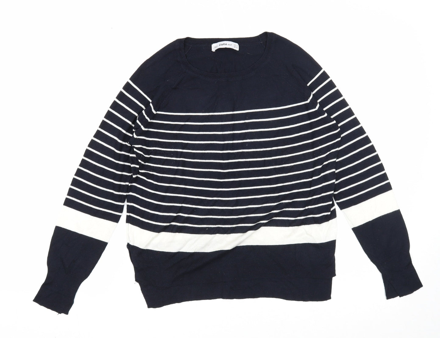 Zara Mens Blue Round Neck Striped Viscose Pullover Jumper Size S