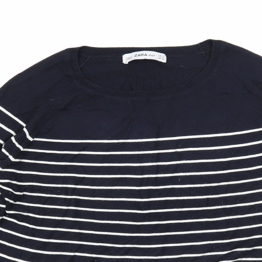 Zara Mens Blue Round Neck Striped Viscose Pullover Jumper Size S