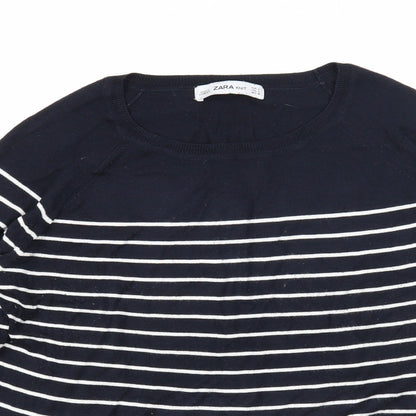 Zara Mens Blue Round Neck Striped Viscose Pullover Jumper Size S