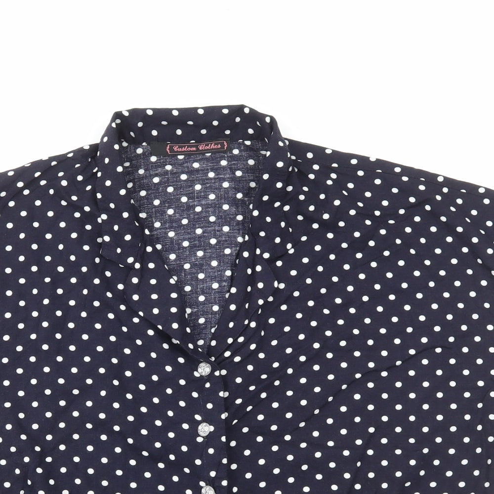 Custom Clothes Womens Blue Polka Dot Viscose Basic Button-Up Size S V-Neck