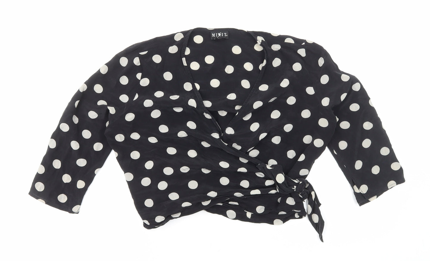 Mixit Womens Black Polka Dot Viscose Wrap Blouse Size 8 V-Neck - Cropped