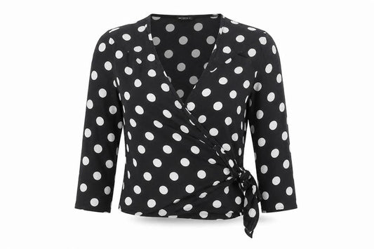 Mixit Womens Black Polka Dot Viscose Wrap Blouse Size 8 V-Neck - Cropped