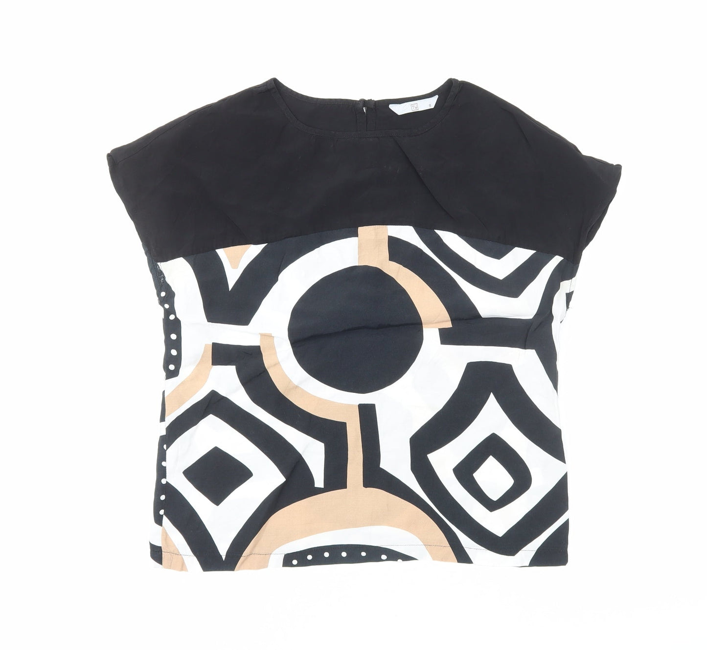 TU Womens Black Geometric Viscose Basic T-Shirt Size 8 Round Neck