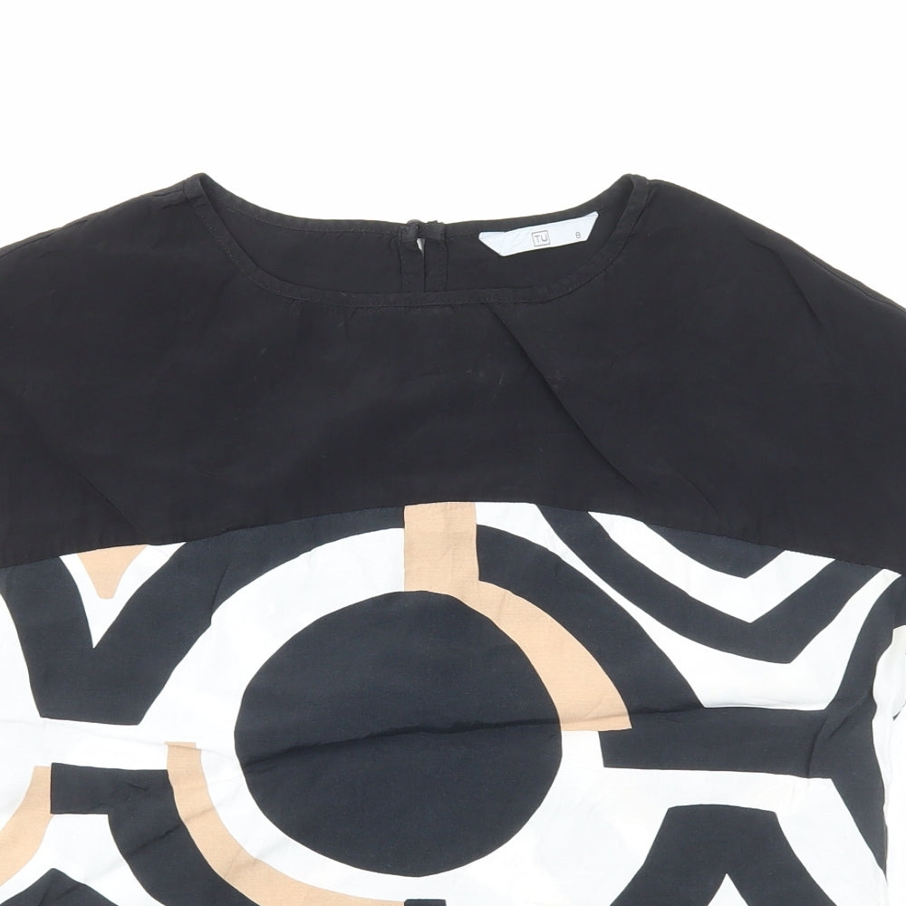 TU Womens Black Geometric Viscose Basic T-Shirt Size 8 Round Neck