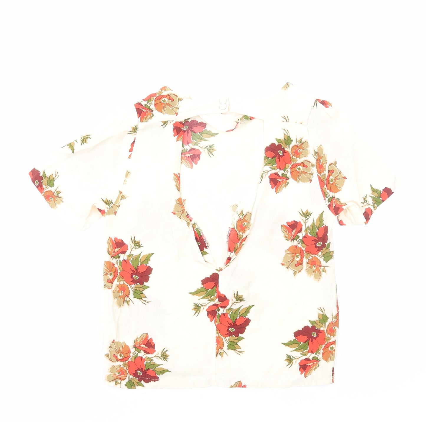 Topshop Womens Ivory Floral Viscose Basic Blouse Size 6 Round Neck - Open Back