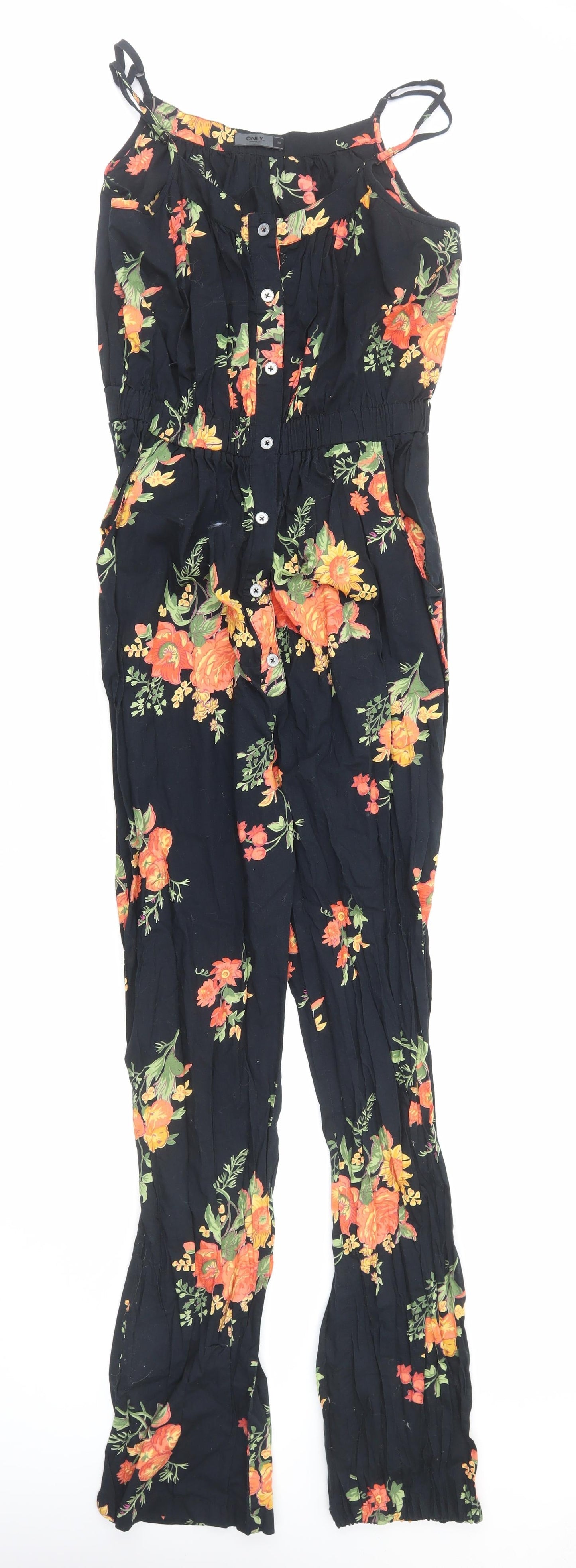 Only Womens Black Floral Viscose Jumpsuit One-Piece Size 8 Button