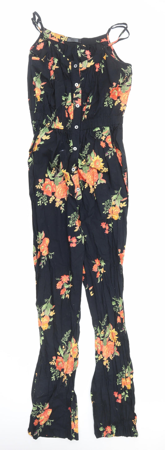 Only Womens Black Floral Viscose Jumpsuit One-Piece Size 8 Button