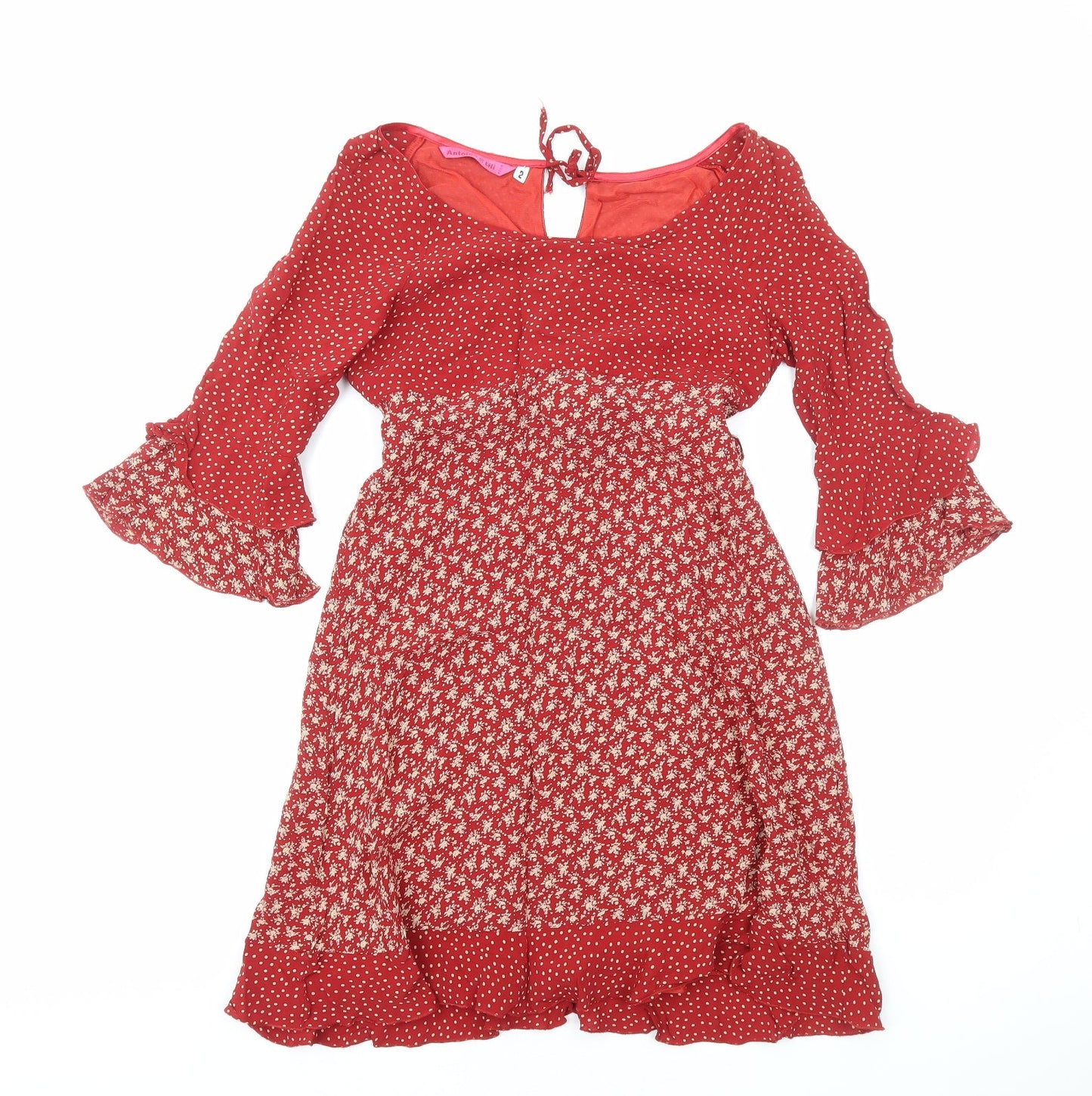 Antoine Lili Womens Red Floral Polyester Fit & Flare Size 8 Boat Neck Pullover - Flute Sleeves