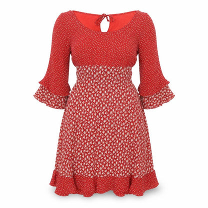 Antoine Lili Womens Red Floral Polyester Fit & Flare Size 8 Boat Neck Pullover - Flute Sleeves