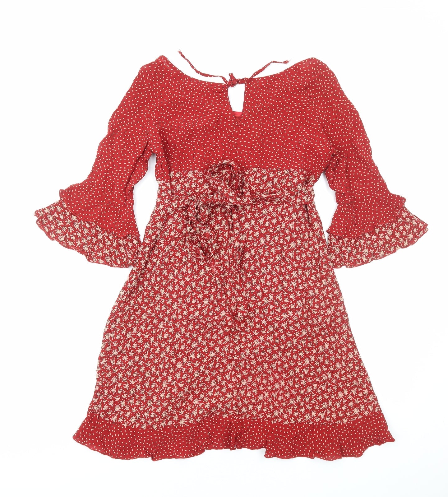 Antoine Lili Womens Red Floral Polyester Fit & Flare Size 8 Boat Neck Pullover - Flute Sleeves