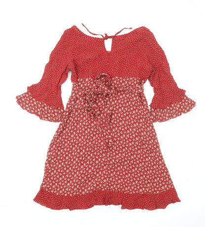 Antoine Lili Womens Red Floral Polyester Fit & Flare Size 8 Boat Neck Pullover - Flute Sleeves