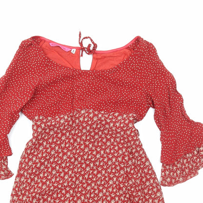 Antoine Lili Womens Red Floral Polyester Fit & Flare Size 8 Boat Neck Pullover - Flute Sleeves