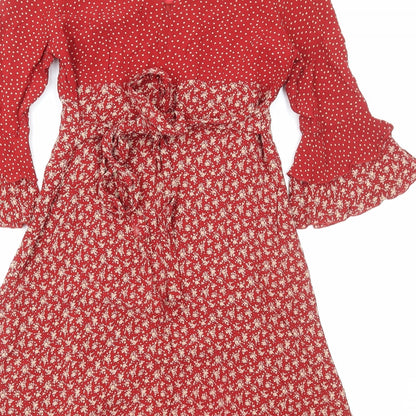 Antoine Lili Womens Red Floral Polyester Fit & Flare Size 8 Boat Neck Pullover - Flute Sleeves