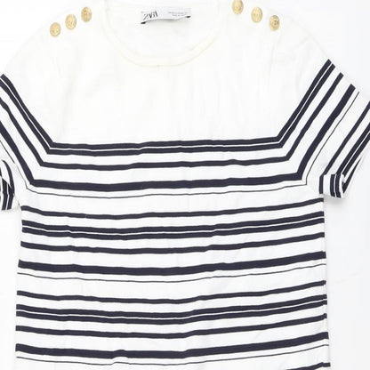 Zara Womens White Striped Polyamide T-Shirt Dress Size XS Round Neck Pullover