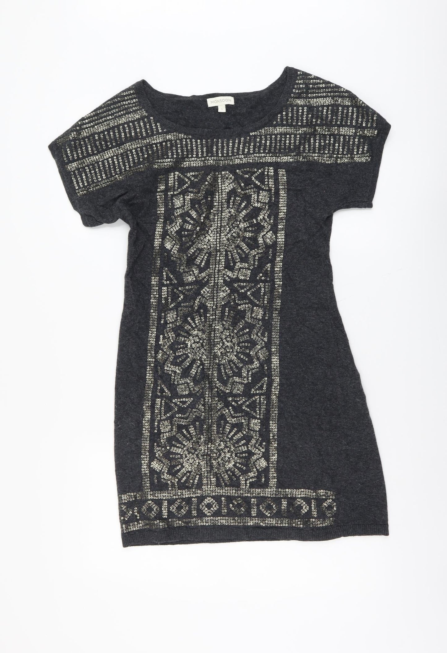 Monsoon Womens Green Geometric Cotton Jumper Dress Size S Scoop Neck Pullover