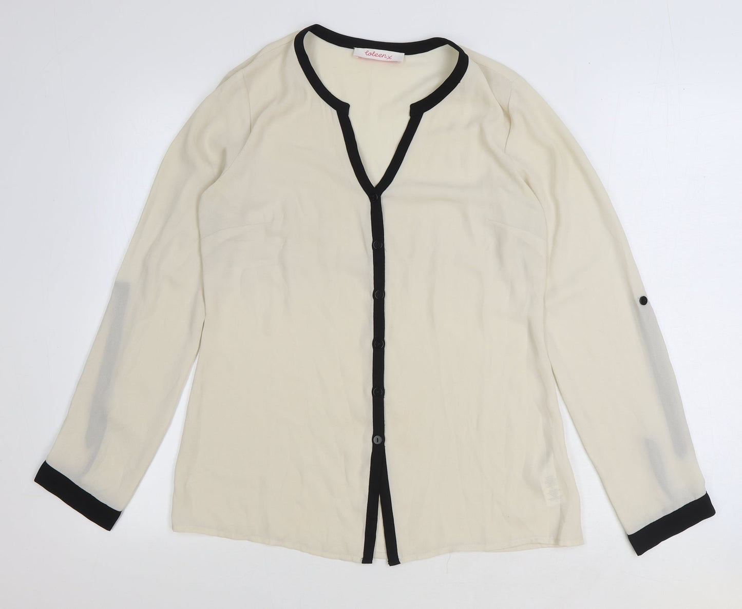 Coleen Womens Ivory Striped Polyester Basic Button-Up Size 10 V-Neck