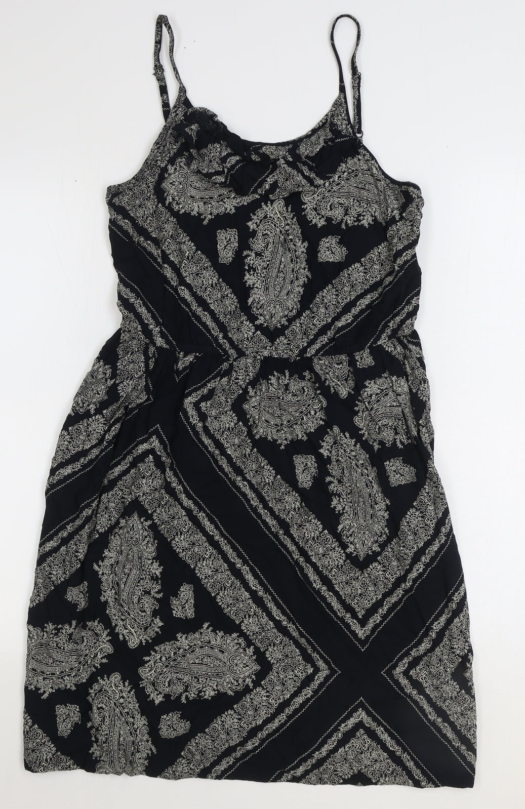 TU Womens Black Geometric Polyester Slip Dress Size 10 Scoop Neck Pullover - Shirred Back