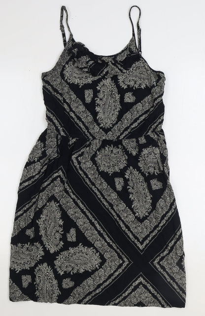 TU Womens Black Geometric Polyester Slip Dress Size 10 Scoop Neck Pullover - Shirred Back