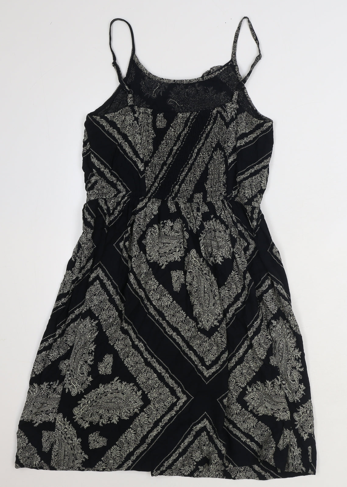 TU Womens Black Geometric Polyester Slip Dress Size 10 Scoop Neck Pullover - Shirred Back