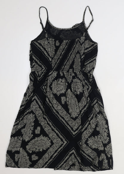 TU Womens Black Geometric Polyester Slip Dress Size 10 Scoop Neck Pullover - Shirred Back