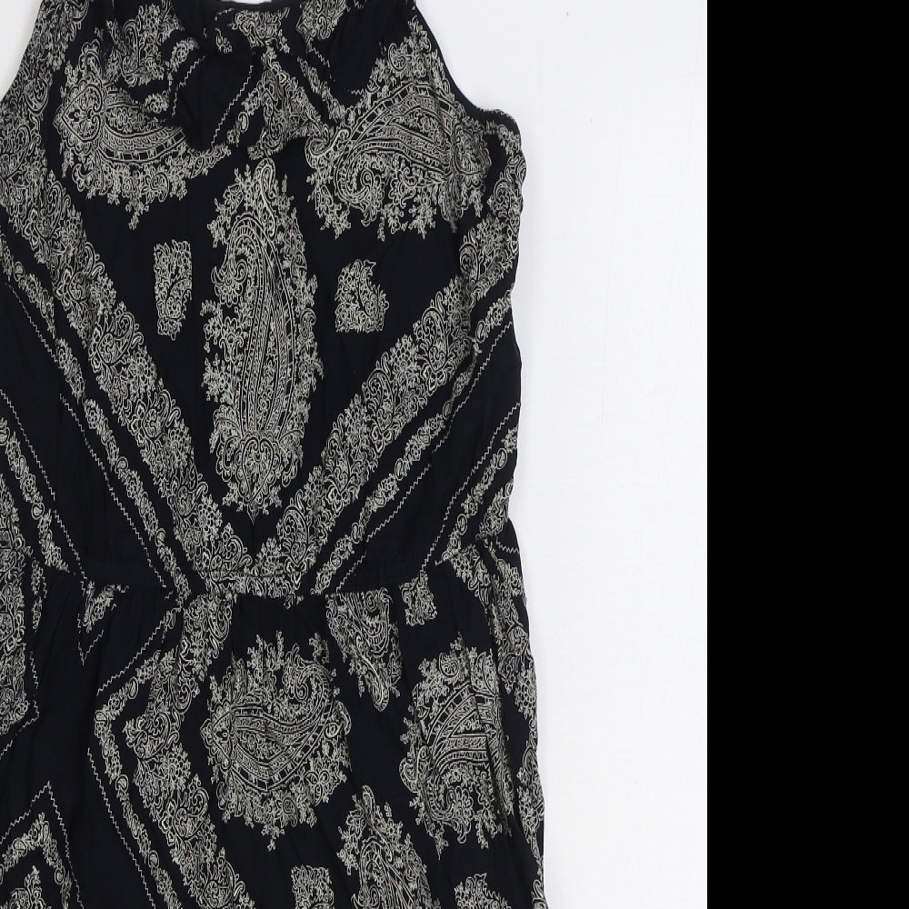 TU Womens Black Geometric Polyester Slip Dress Size 10 Scoop Neck Pullover - Shirred Back